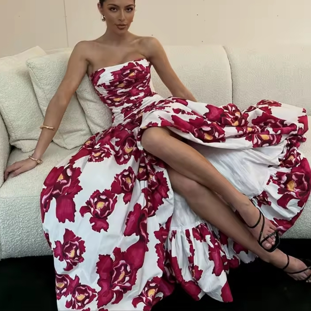 Elegant Puff Printed Tube Long Dresses Women Retro Pleated Slit Sleeveless Solid - Picture 2 of 7